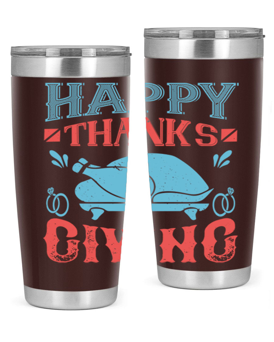 Happy Thanksgiving 20oz Tumbler featuring double wall vacuum insulation and a festive design, perfect for hot and cold beverages.