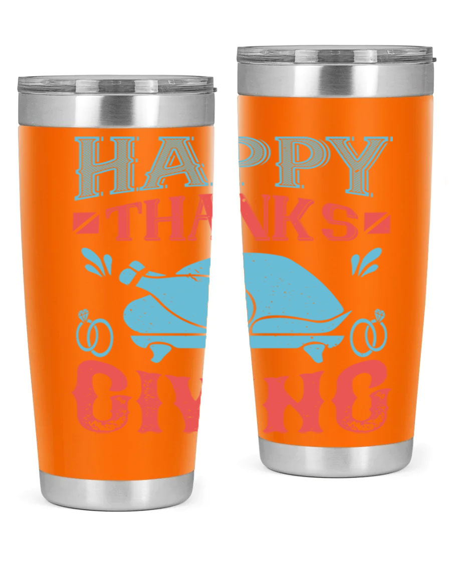 Happy Thanksgiving 20oz Tumbler featuring double wall vacuum insulation and a festive design, perfect for hot and cold beverages.