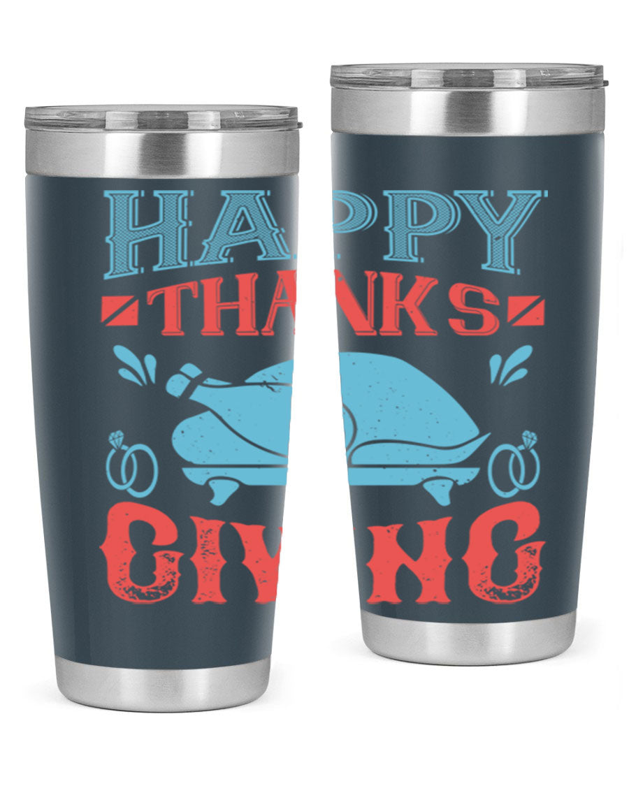 Happy Thanksgiving 20oz Tumbler featuring double wall vacuum insulation and a festive design, perfect for hot and cold beverages.
