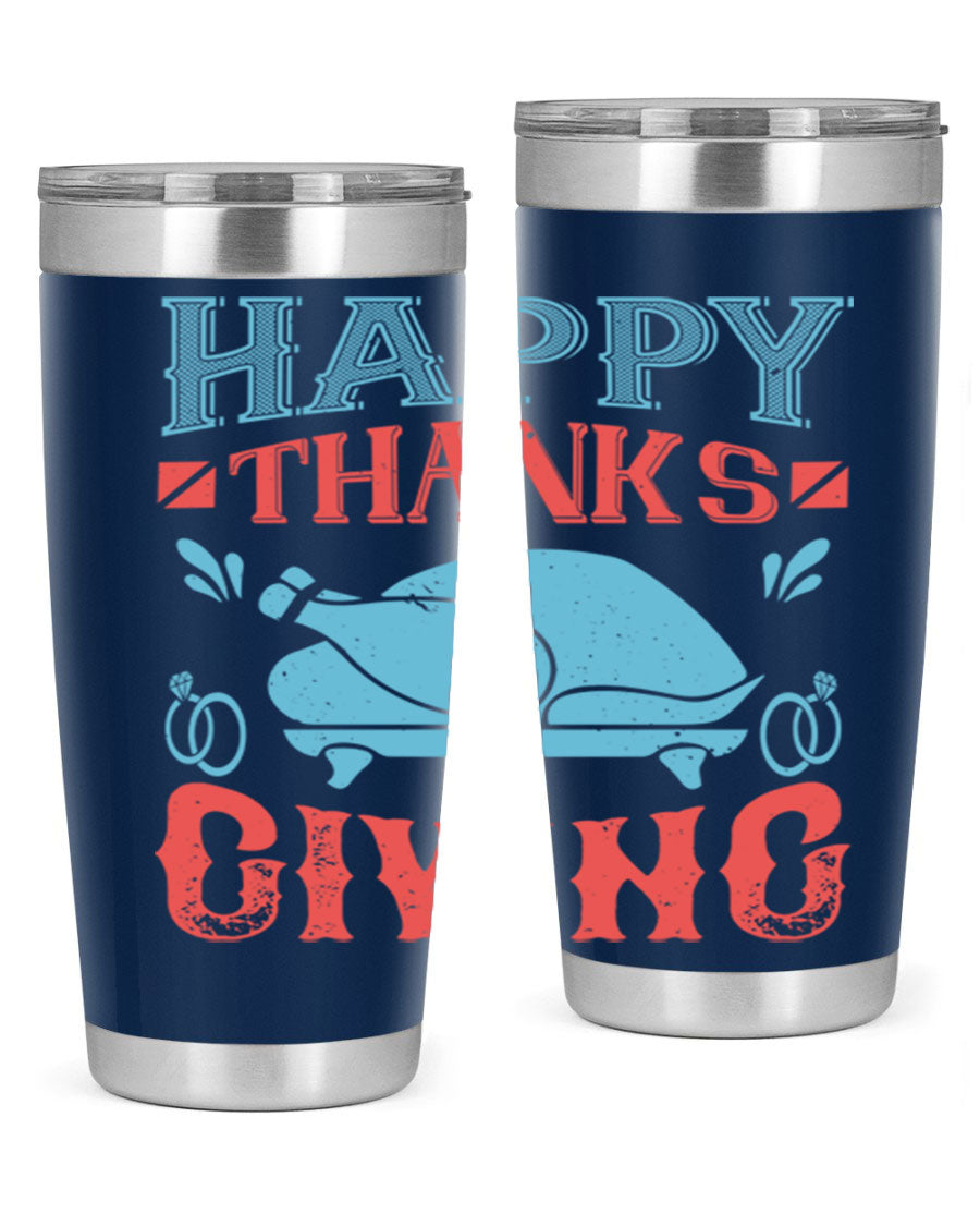 Happy Thanksgiving 20oz Tumbler featuring double wall vacuum insulation and a festive design, perfect for hot and cold beverages.