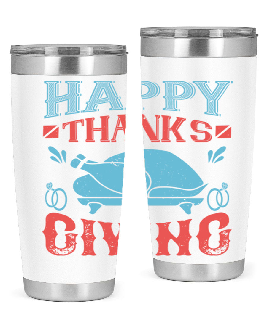 Happy Thanksgiving 20oz Tumbler featuring double wall vacuum insulation and a festive design, perfect for hot and cold beverages.