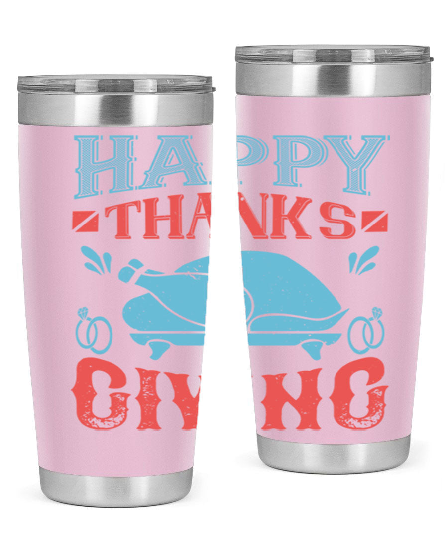 Happy Thanksgiving 20oz Tumbler featuring double wall vacuum insulation and a festive design, perfect for hot and cold beverages.