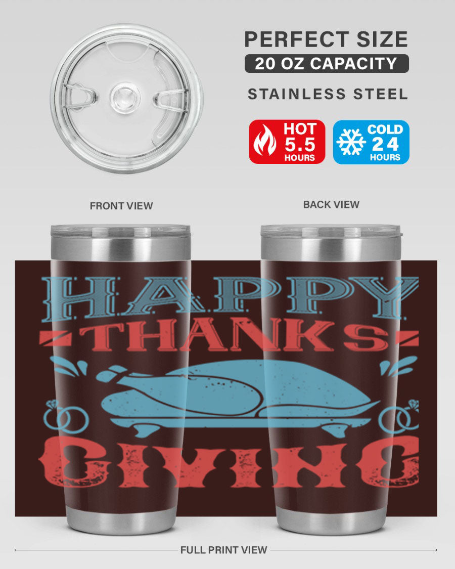 Happy Thanksgiving 20oz Tumbler featuring double wall vacuum insulation and a festive design, perfect for hot and cold beverages.