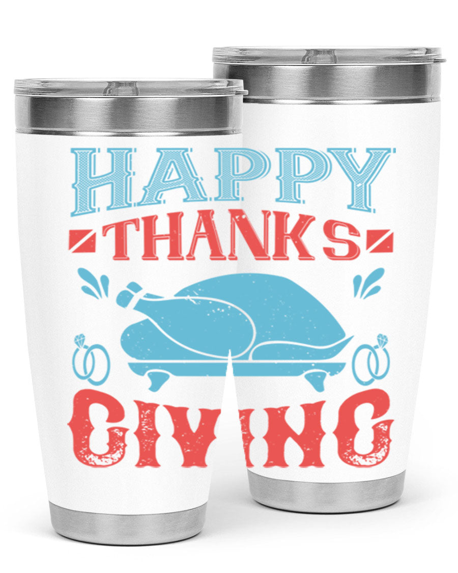 Happy Thanksgiving 20oz Tumbler featuring double wall vacuum insulation and a festive design, perfect for hot and cold beverages.