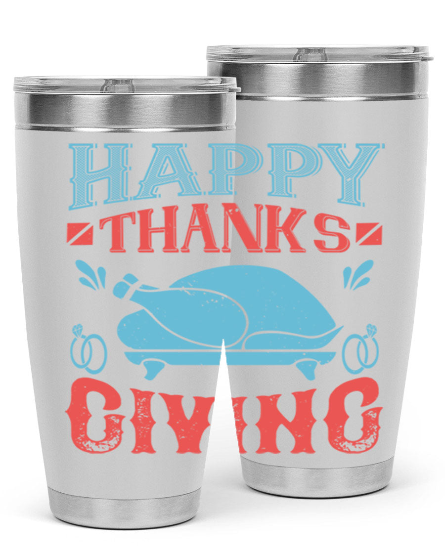 Happy Thanksgiving 20oz Tumbler featuring double wall vacuum insulation and a festive design, perfect for hot and cold beverages.