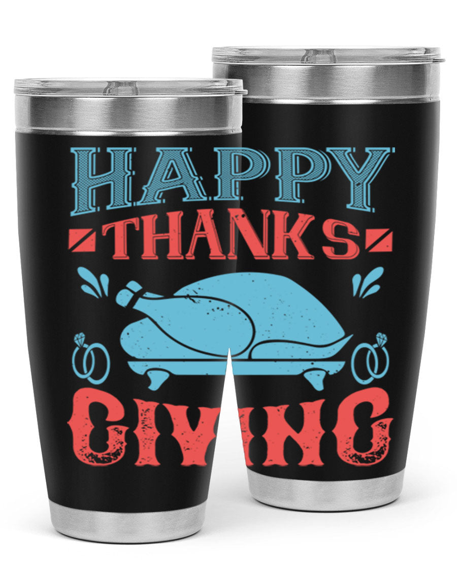 Happy Thanksgiving 20oz Tumbler featuring double wall vacuum insulation and a festive design, perfect for hot and cold beverages.