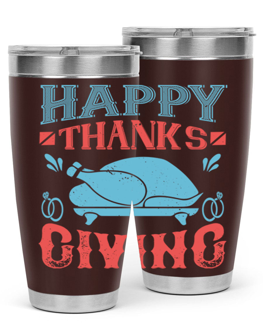 Happy Thanksgiving 20oz Tumbler featuring double wall vacuum insulation and a festive design, perfect for hot and cold beverages.