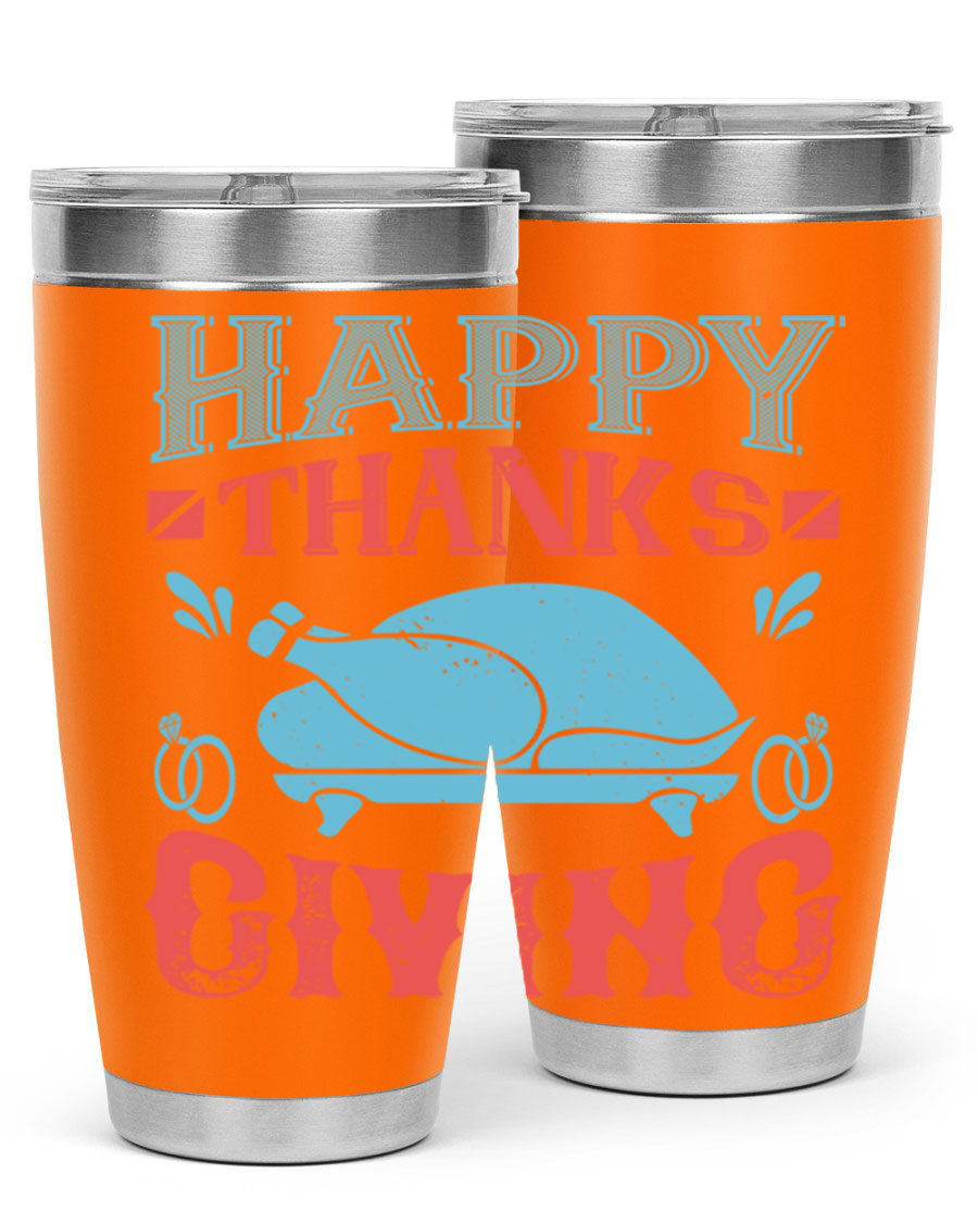 Happy Thanksgiving 20oz Tumbler featuring double wall vacuum insulation and a festive design, perfect for hot and cold beverages.