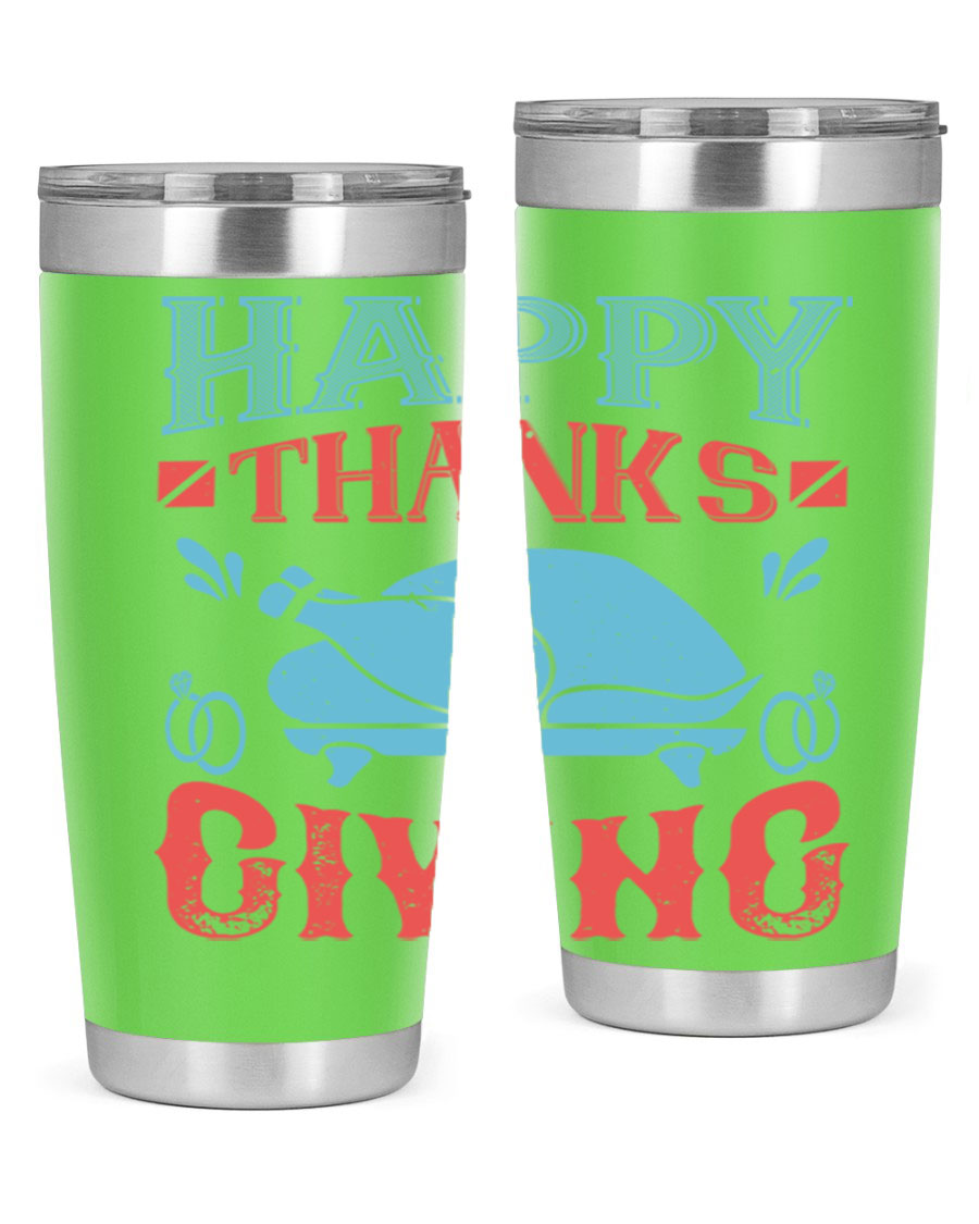 Happy Thanksgiving 20oz Tumbler featuring double wall vacuum insulation and a festive design, perfect for hot and cold beverages.