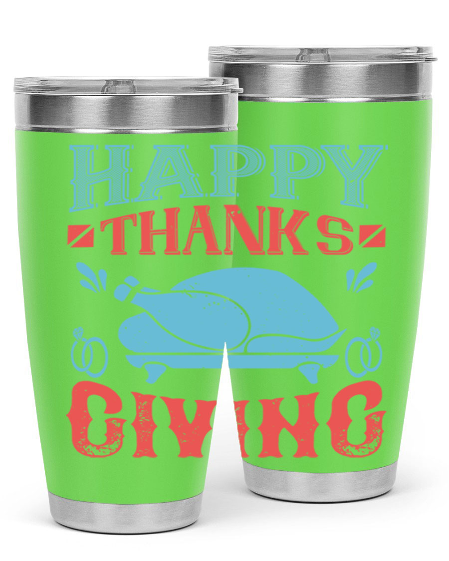 Happy Thanksgiving 20oz Tumbler featuring double wall vacuum insulation and a festive design, perfect for hot and cold beverages.