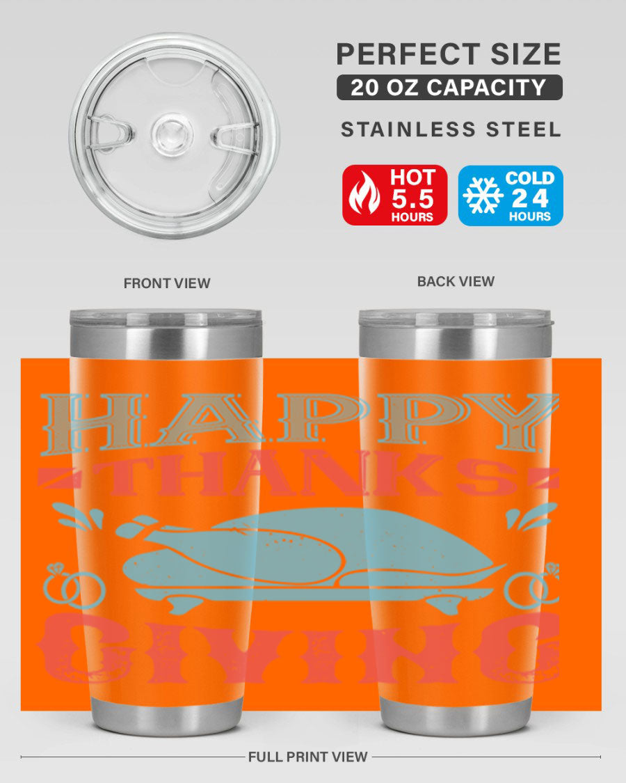 Happy Thanksgiving 20oz Tumbler featuring double wall vacuum insulation and a festive design, perfect for hot and cold beverages.