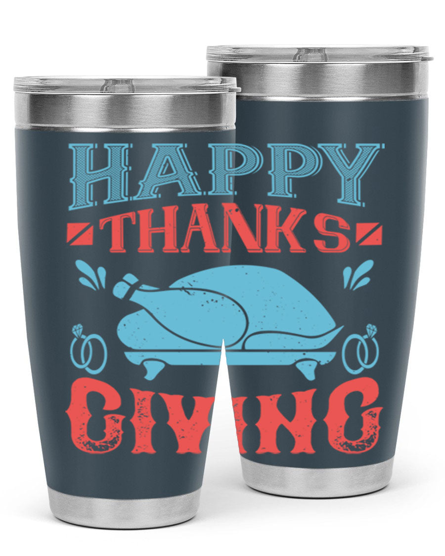Happy Thanksgiving 20oz Tumbler featuring double wall vacuum insulation and a festive design, perfect for hot and cold beverages.