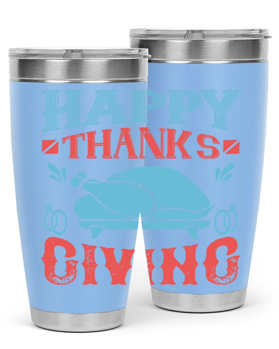 Happy Thanksgiving 20oz Tumbler featuring double wall vacuum insulation and a festive design, perfect for hot and cold beverages.