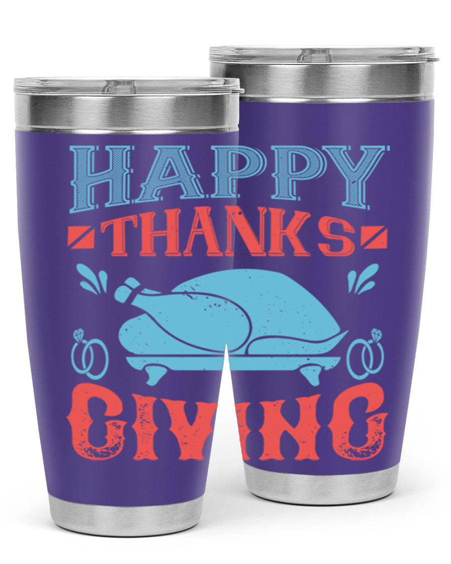 Happy Thanksgiving 20oz Tumbler featuring double wall vacuum insulation and a festive design, perfect for hot and cold beverages.