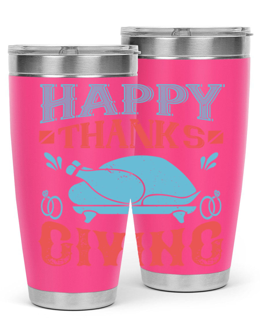 Happy Thanksgiving 20oz Tumbler featuring double wall vacuum insulation and a festive design, perfect for hot and cold beverages.