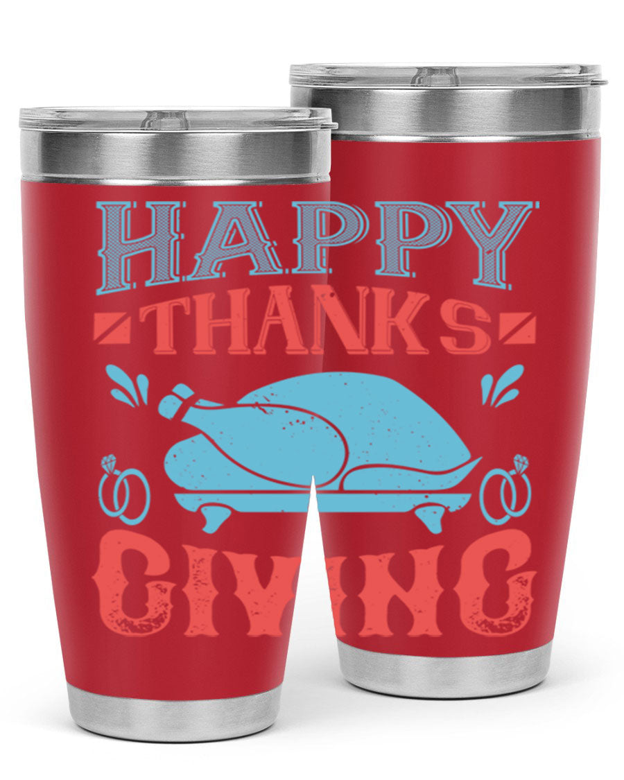 Happy Thanksgiving 20oz Tumbler featuring double wall vacuum insulation and a festive design, perfect for hot and cold beverages.