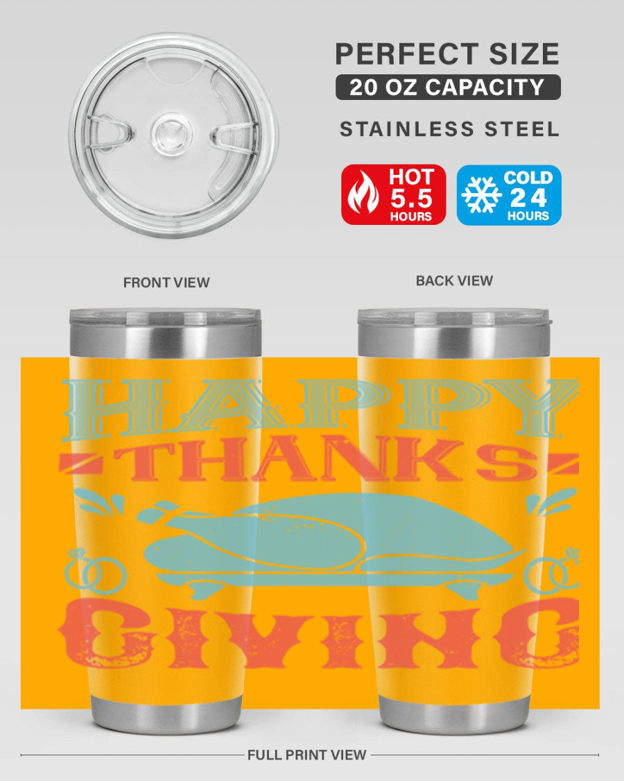 Happy Thanksgiving 20oz Tumbler featuring double wall vacuum insulation and a festive design, perfect for hot and cold beverages.