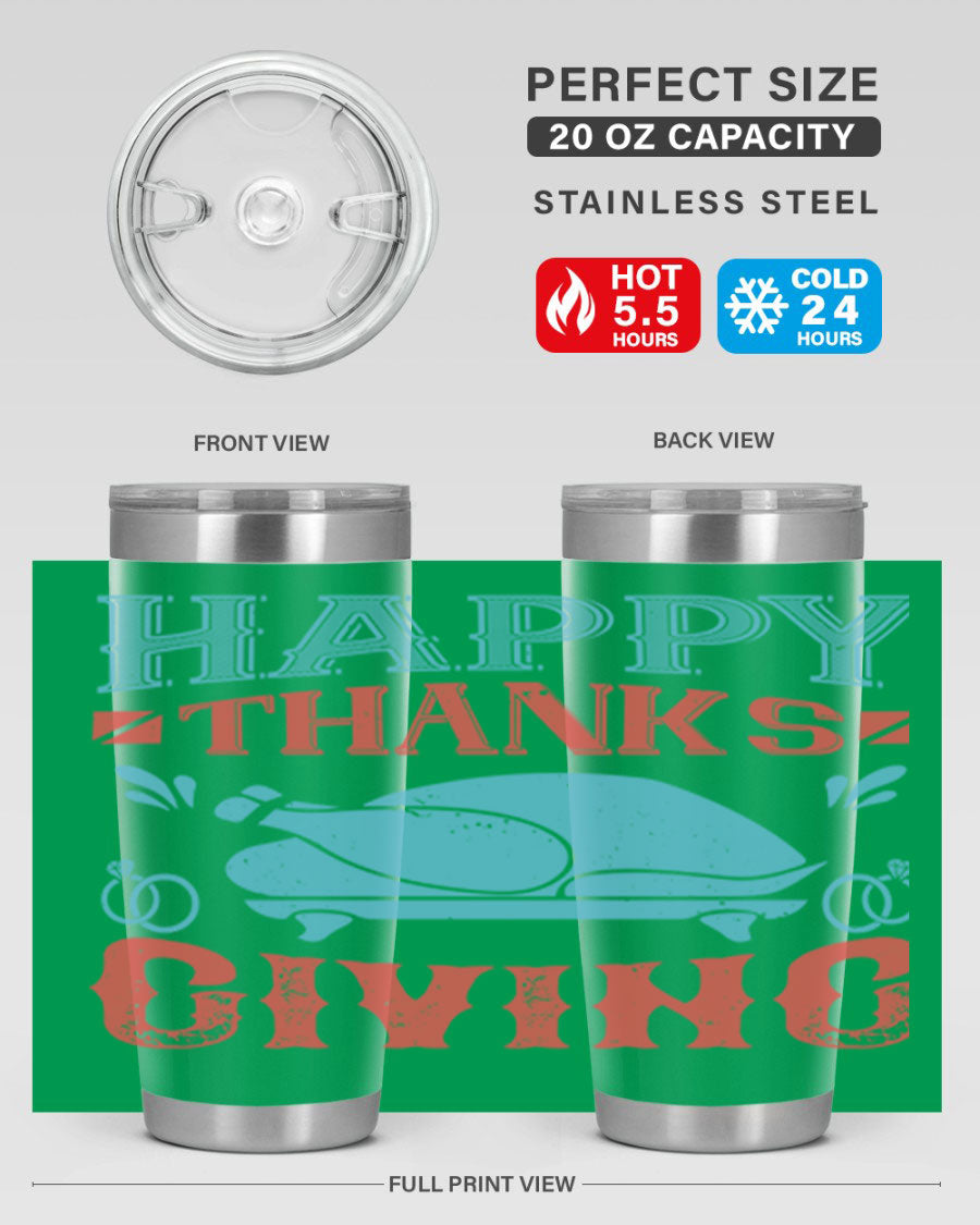 Happy Thanksgiving 20oz Tumbler featuring double wall vacuum insulation and a festive design, perfect for hot and cold beverages.