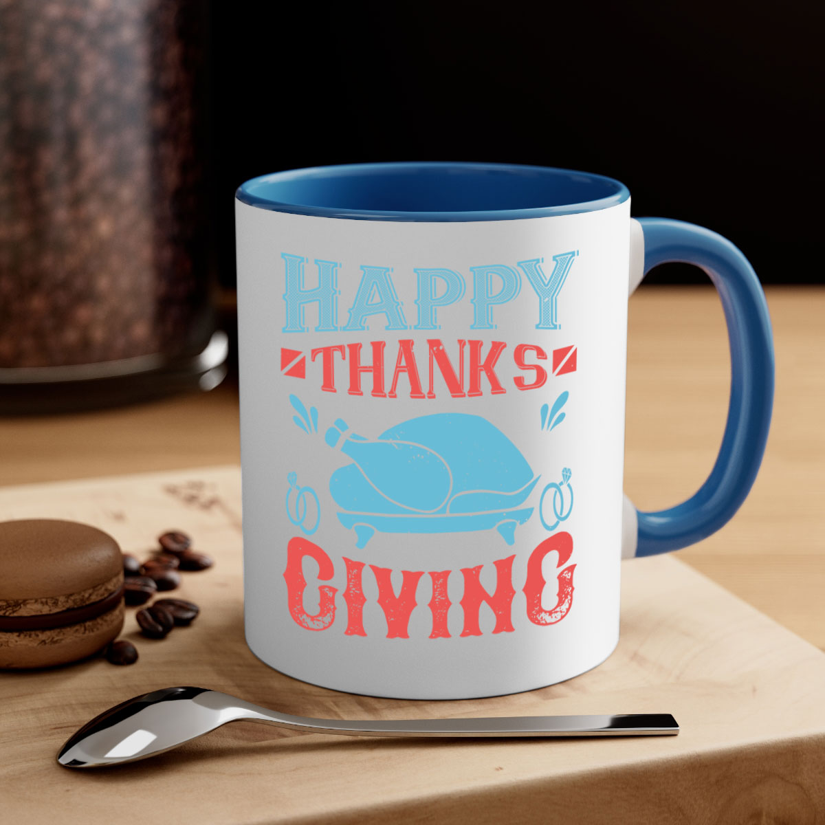Happy Thanksgiving Mug with a glossy finish and colored handle, available in multiple colors and sizes.