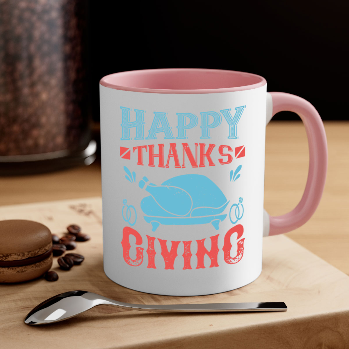Happy Thanksgiving Mug with a glossy finish and colored handle, available in multiple colors and sizes.