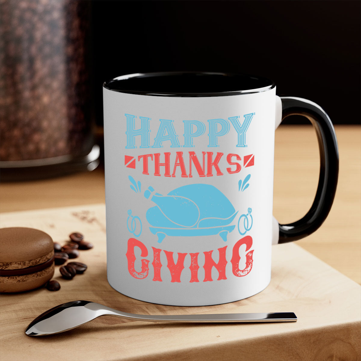 Happy Thanksgiving Mug with a glossy finish and colored handle, available in multiple colors and sizes.