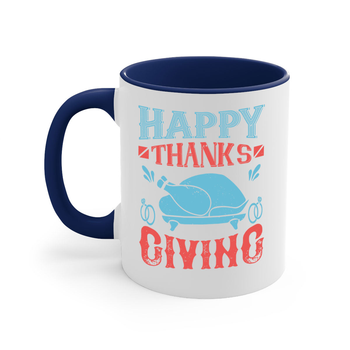 Happy Thanksgiving Mug with a glossy finish and colored handle, available in multiple colors and sizes.