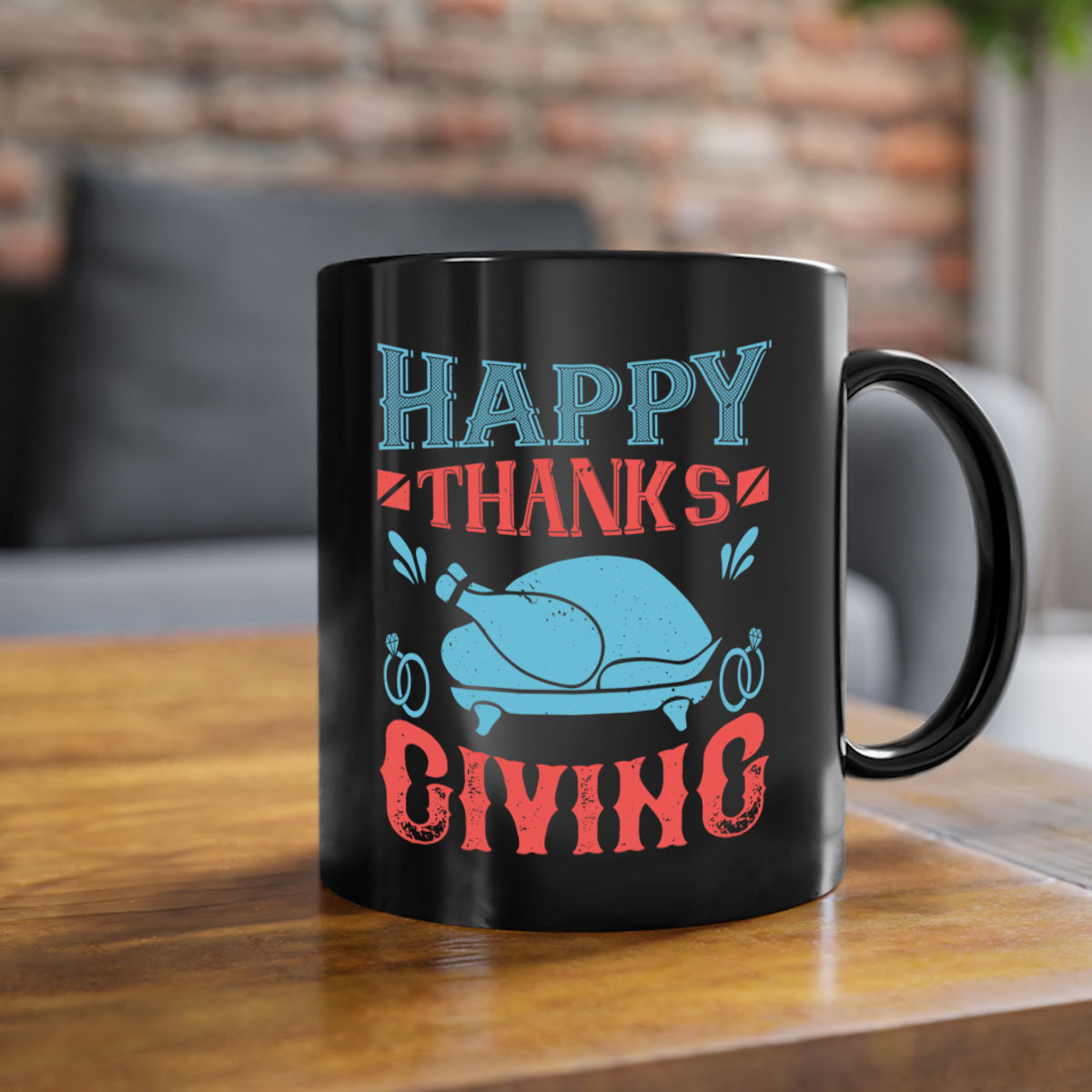 Happy Thanksgiving Mug with a glossy finish and colored handle, available in multiple colors and sizes.