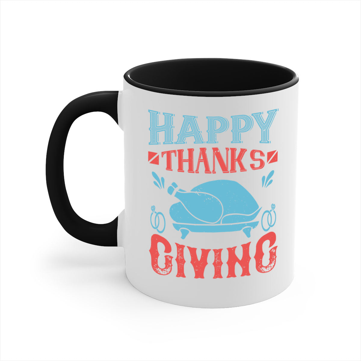 Happy Thanksgiving Mug with a glossy finish and colored handle, available in multiple colors and sizes.