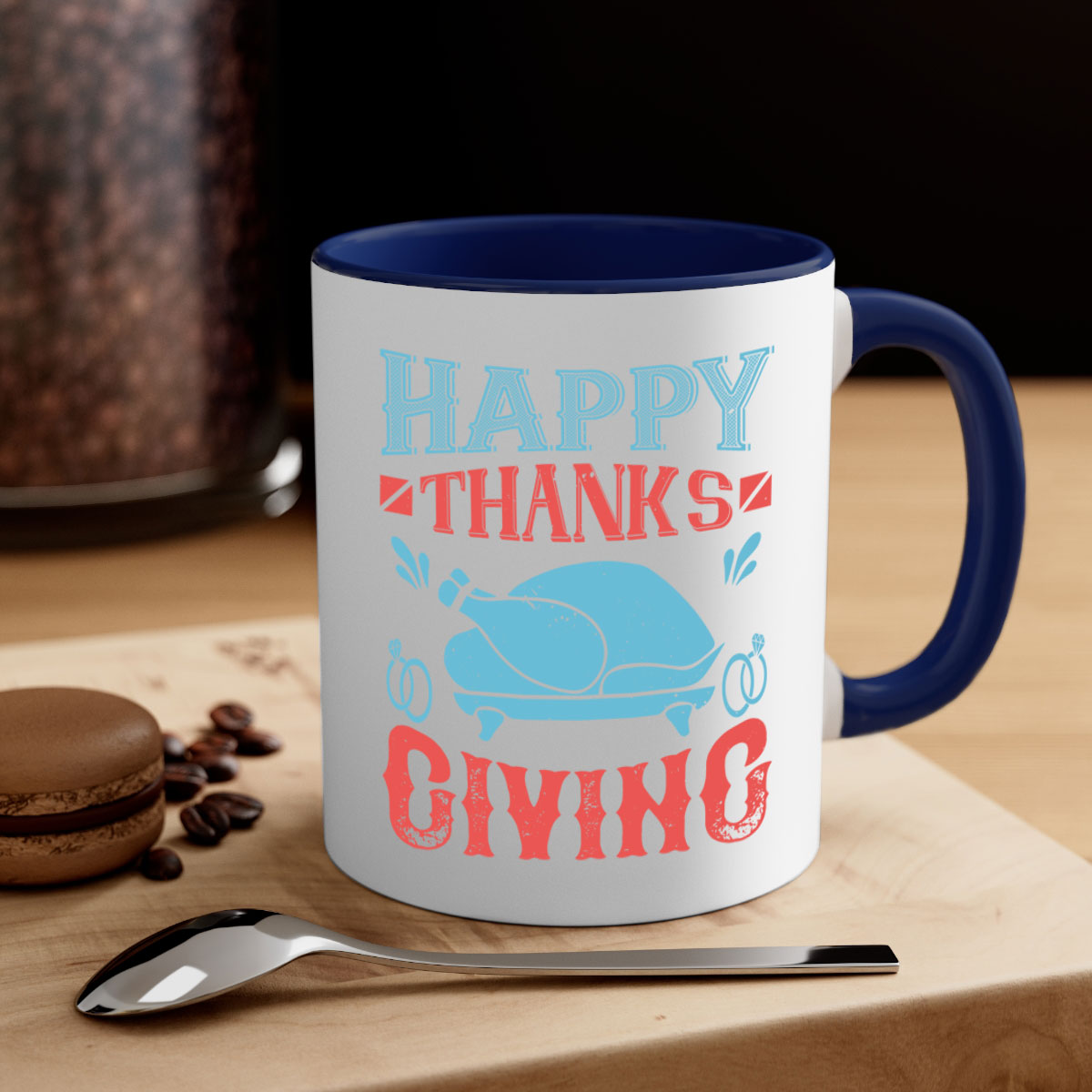 Happy Thanksgiving Mug with a glossy finish and colored handle, available in multiple colors and sizes.