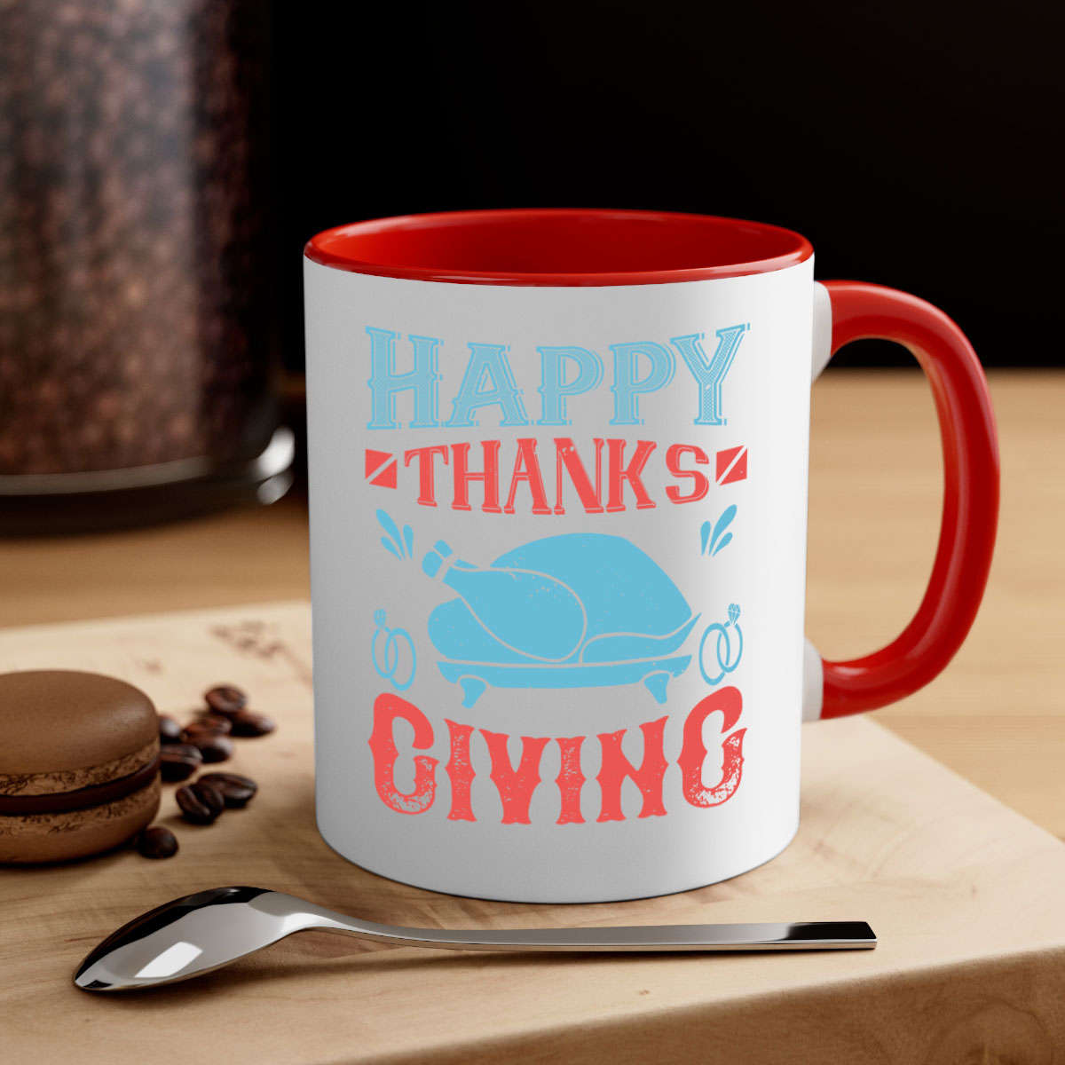 Happy Thanksgiving Mug with a glossy finish and colored handle, available in multiple colors and sizes.