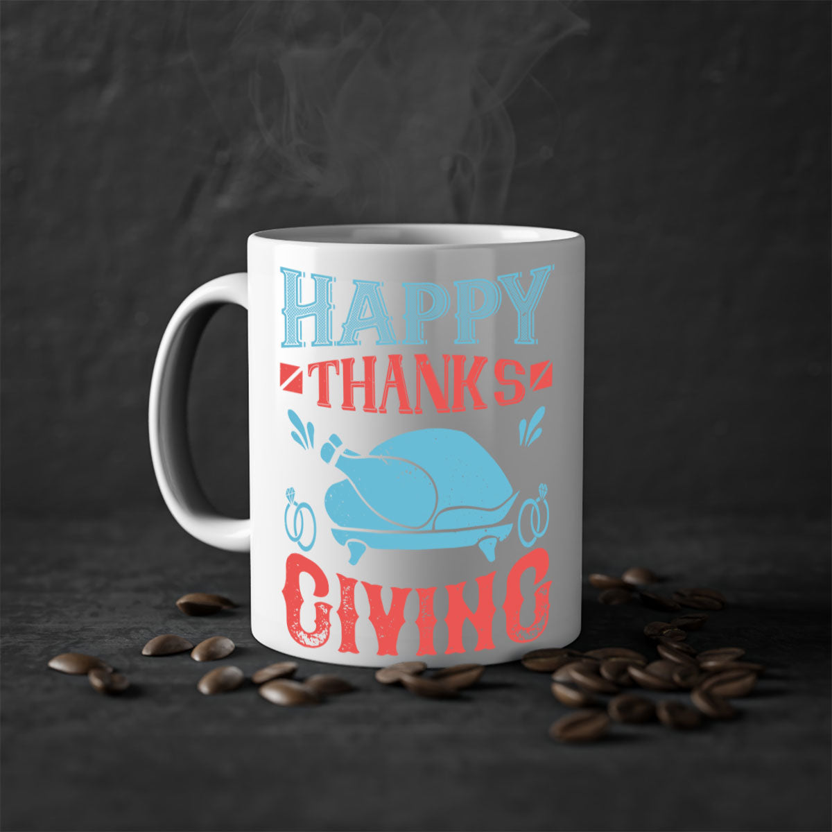 Happy Thanksgiving Mug with a glossy finish and colored handle, available in multiple colors and sizes.