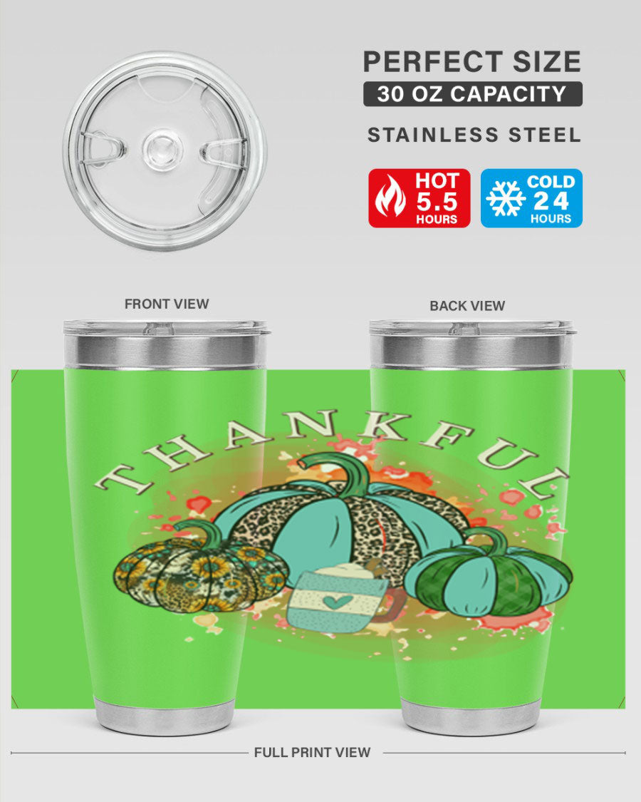 Happy Thanksgiving 20oz Tumbler made of stainless steel with a festive design, perfect for keeping drinks hot or cold.