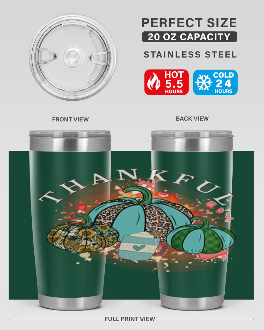 Happy Thanksgiving 20oz Tumbler made of stainless steel with a festive design, perfect for keeping drinks hot or cold.