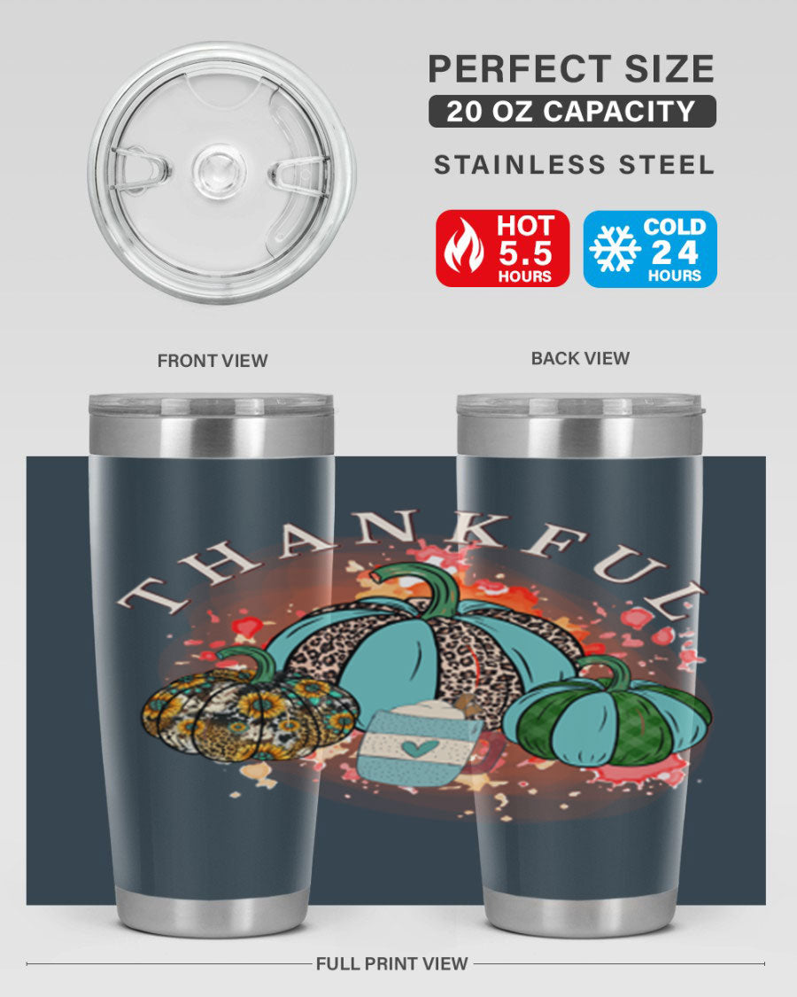 Happy Thanksgiving 20oz Tumbler made of stainless steel with a festive design, perfect for keeping drinks hot or cold.