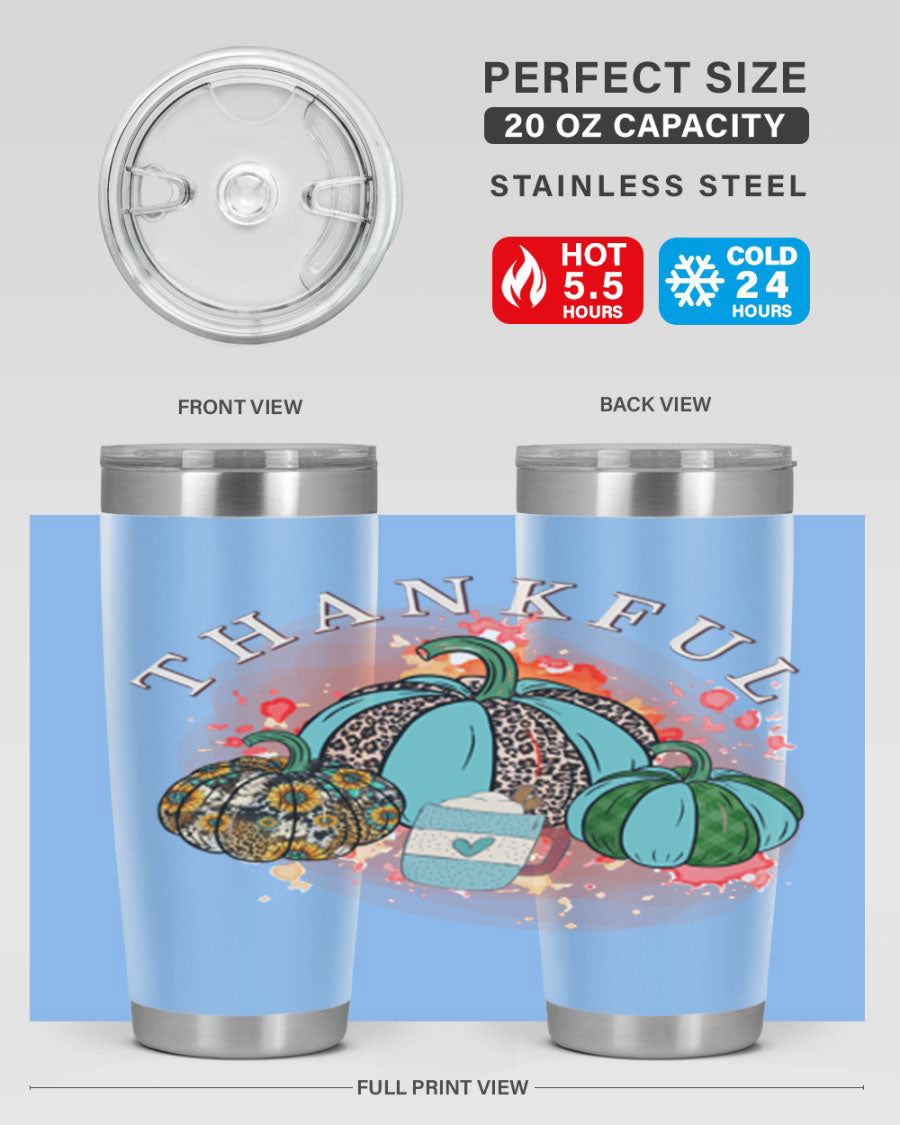 Happy Thanksgiving 20oz Tumbler made of stainless steel with a festive design, perfect for keeping drinks hot or cold.