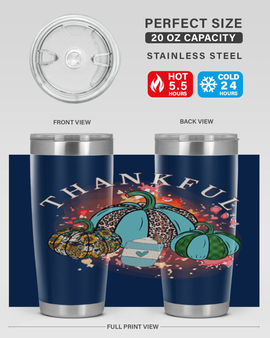 Happy Thanksgiving 20oz Tumbler made of stainless steel with a festive design, perfect for keeping drinks hot or cold.
