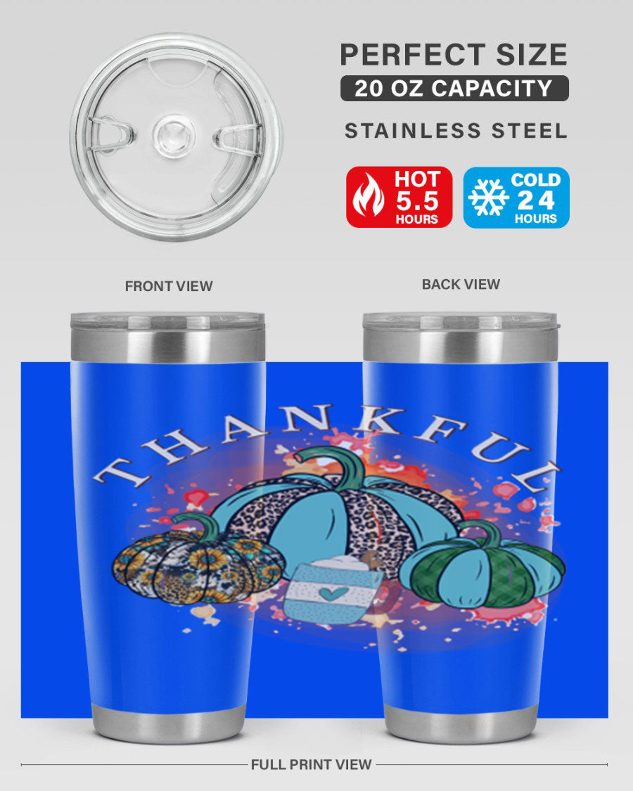 Happy Thanksgiving 20oz Tumbler made of stainless steel with a festive design, perfect for keeping drinks hot or cold.
