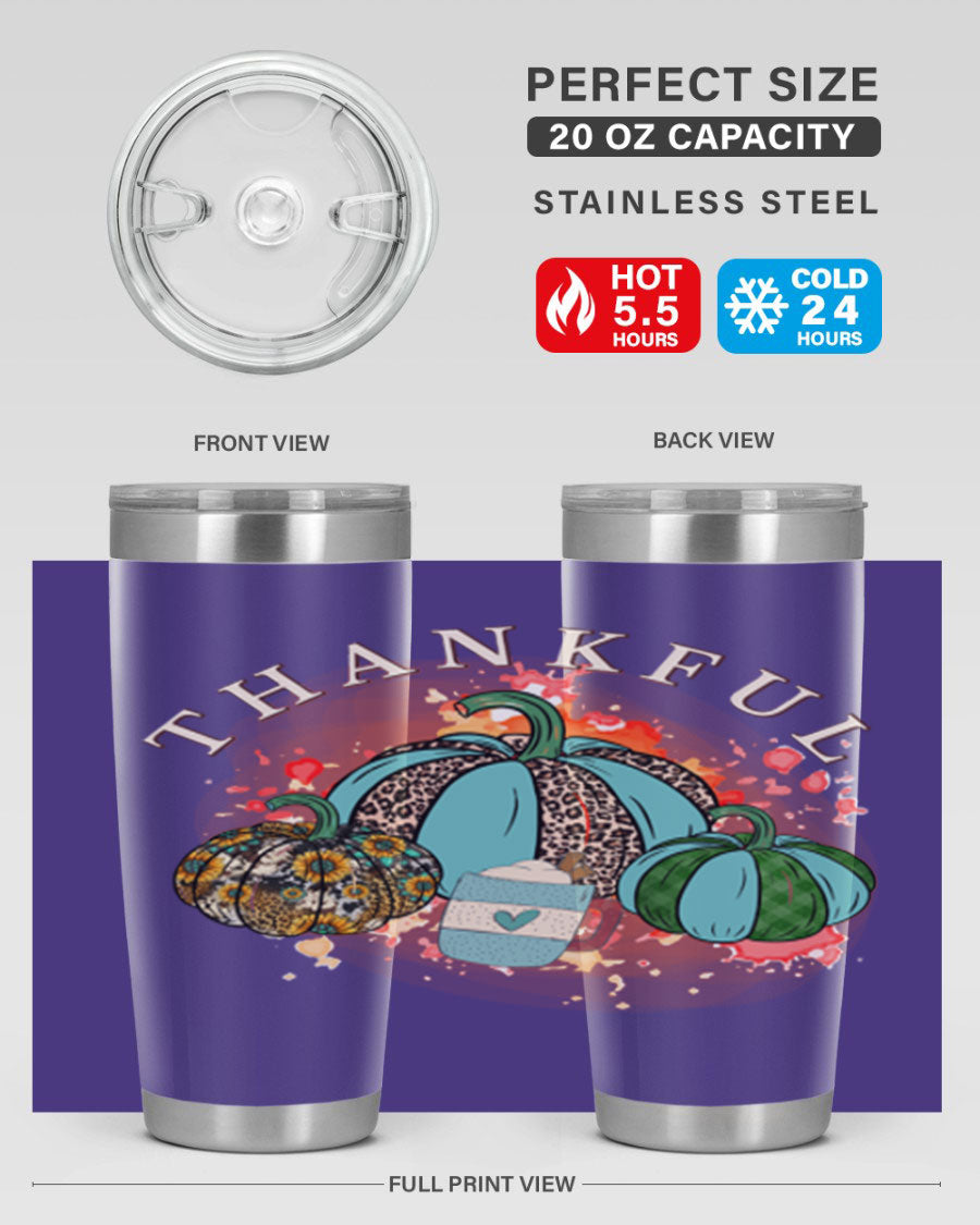 Happy Thanksgiving 20oz Tumbler made of stainless steel with a festive design, perfect for keeping drinks hot or cold.