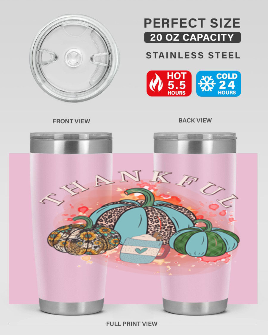 Happy Thanksgiving 20oz Tumbler made of stainless steel with a festive design, perfect for keeping drinks hot or cold.