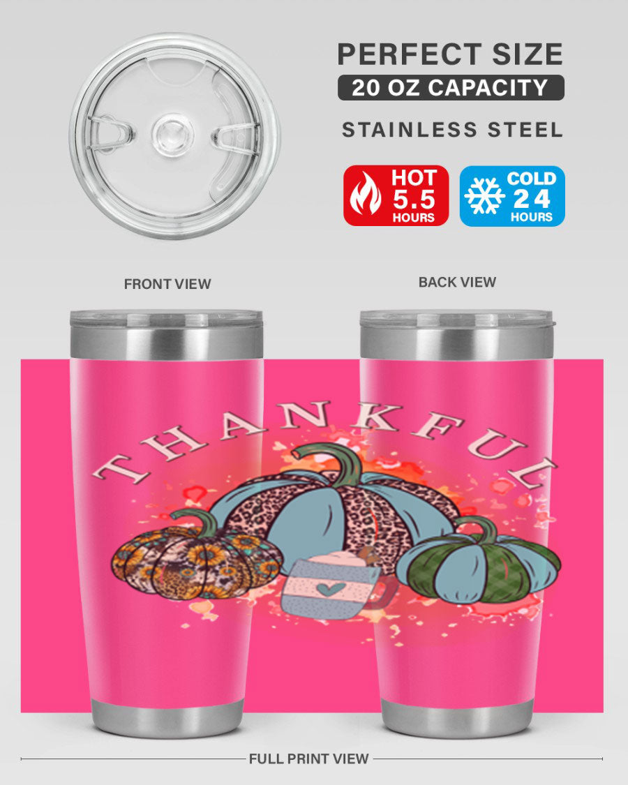 Happy Thanksgiving 20oz Tumbler made of stainless steel with a festive design, perfect for keeping drinks hot or cold.