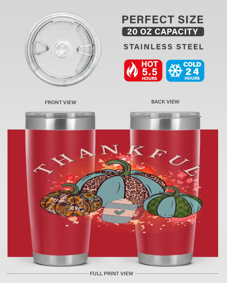 Happy Thanksgiving 20oz Tumbler made of stainless steel with a festive design, perfect for keeping drinks hot or cold.