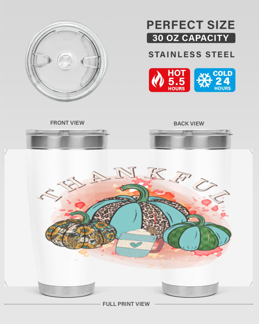 Happy Thanksgiving 20oz Tumbler made of stainless steel with a festive design, perfect for keeping drinks hot or cold.
