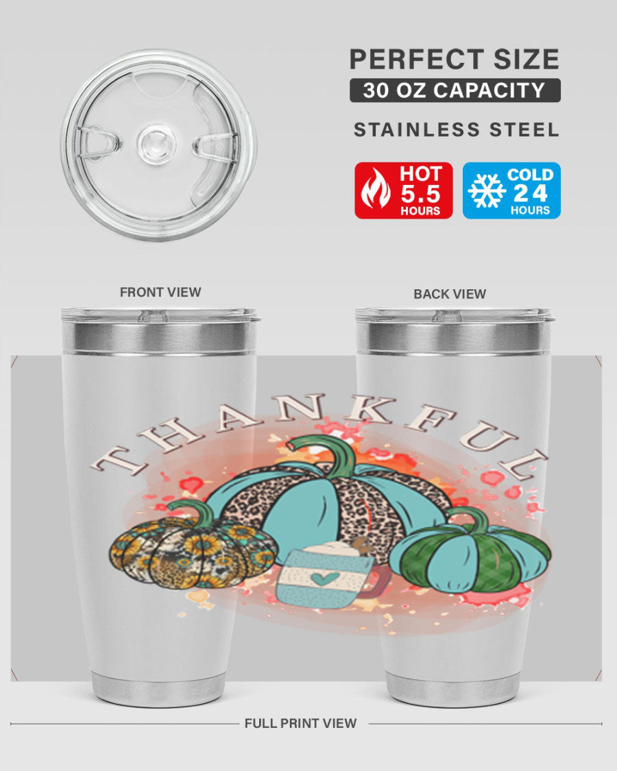 Happy Thanksgiving 20oz Tumbler made of stainless steel with a festive design, perfect for keeping drinks hot or cold.