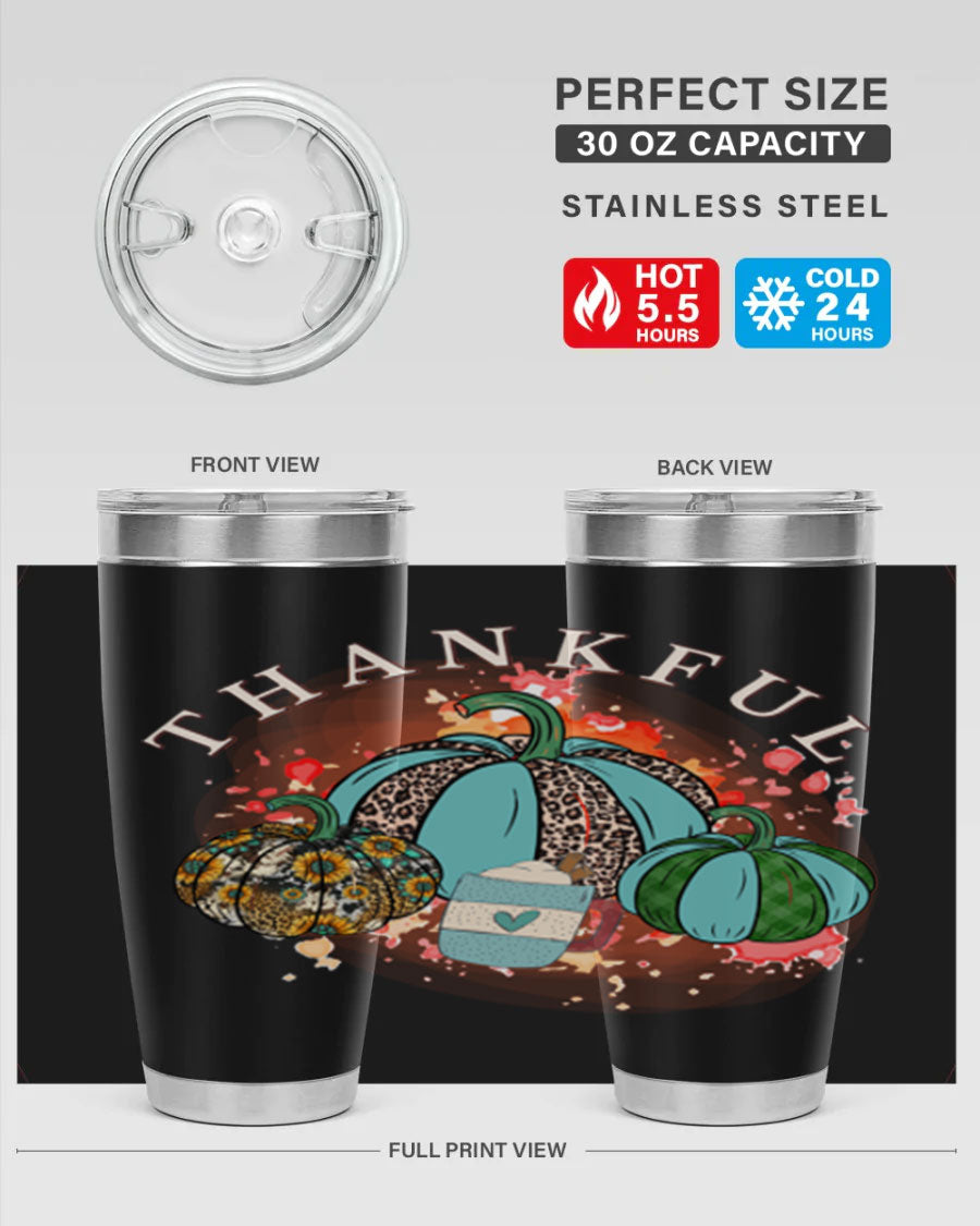 Happy Thanksgiving 20oz Tumbler made of stainless steel with a festive design, perfect for keeping drinks hot or cold.