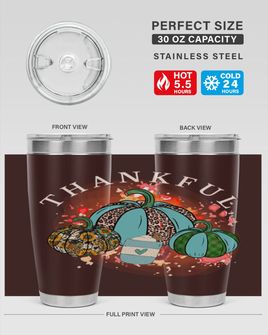 Happy Thanksgiving 20oz Tumbler made of stainless steel with a festive design, perfect for keeping drinks hot or cold.