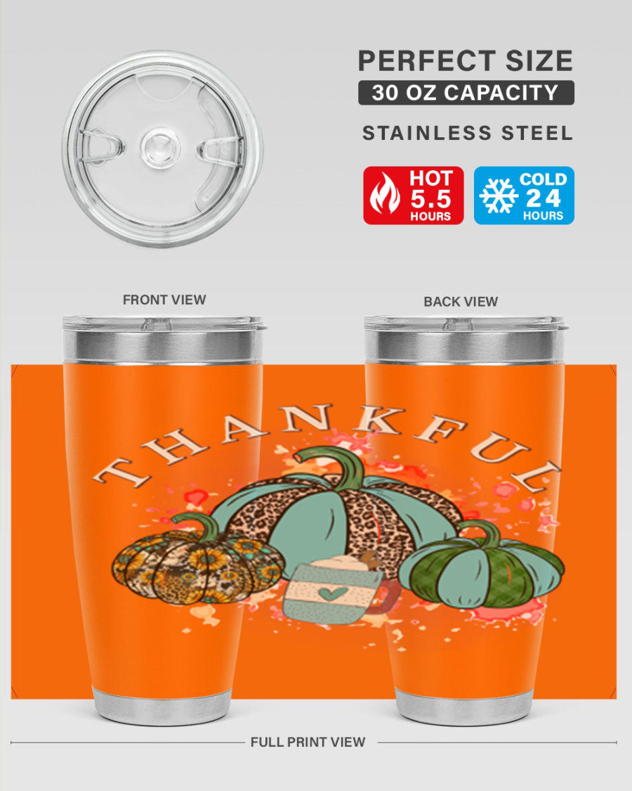 Happy Thanksgiving 20oz Tumbler made of stainless steel with a festive design, perfect for keeping drinks hot or cold.