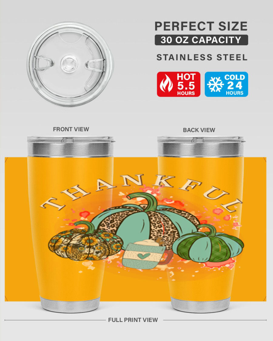 Happy Thanksgiving 20oz Tumbler made of stainless steel with a festive design, perfect for keeping drinks hot or cold.