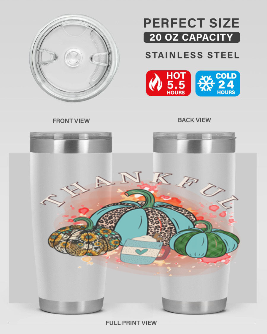 Happy Thanksgiving 20oz Tumbler made of stainless steel with a festive design, perfect for keeping drinks hot or cold.