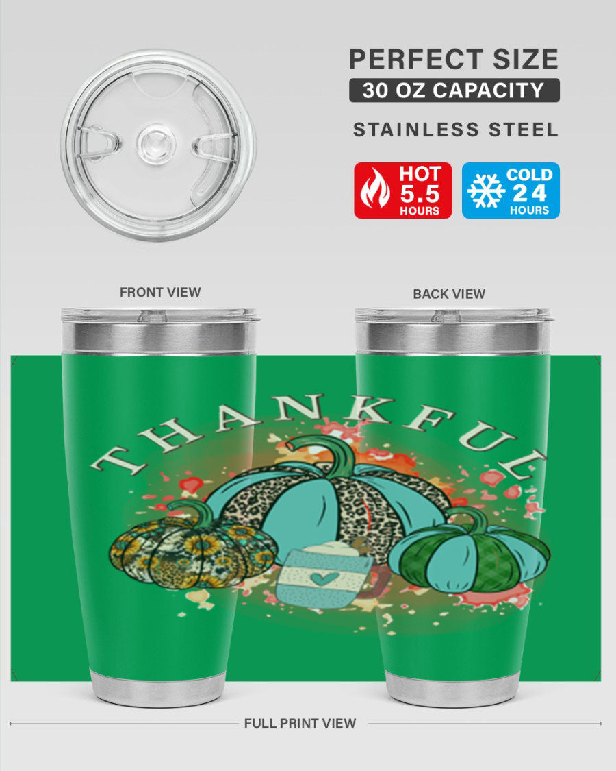 Happy Thanksgiving 20oz Tumbler made of stainless steel with a festive design, perfect for keeping drinks hot or cold.