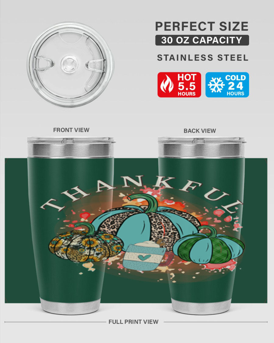 Happy Thanksgiving 20oz Tumbler made of stainless steel with a festive design, perfect for keeping drinks hot or cold.